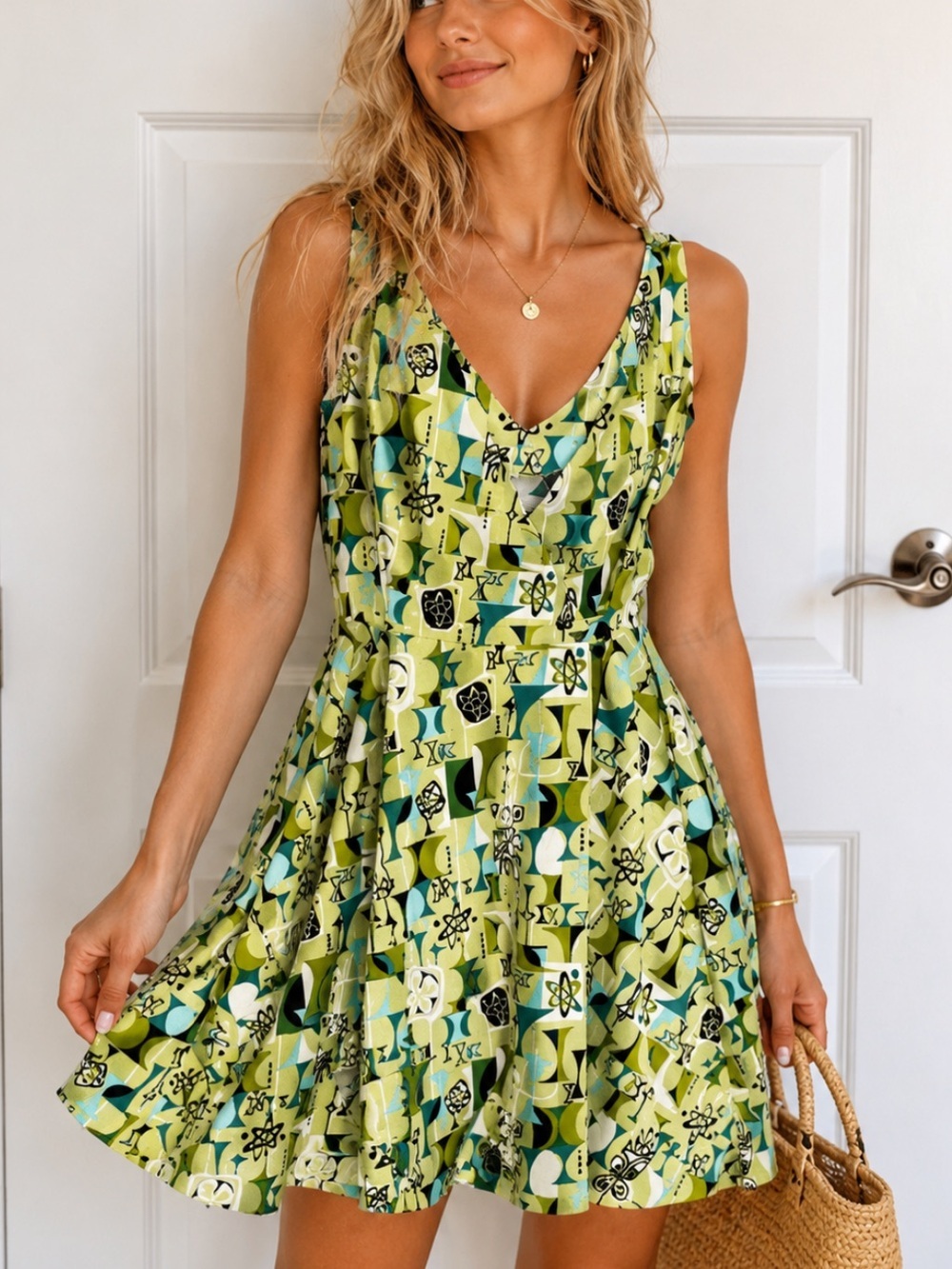 Vintage Sally Bridge Atomic Print Fit & Flare Cotton Dress Small 54569